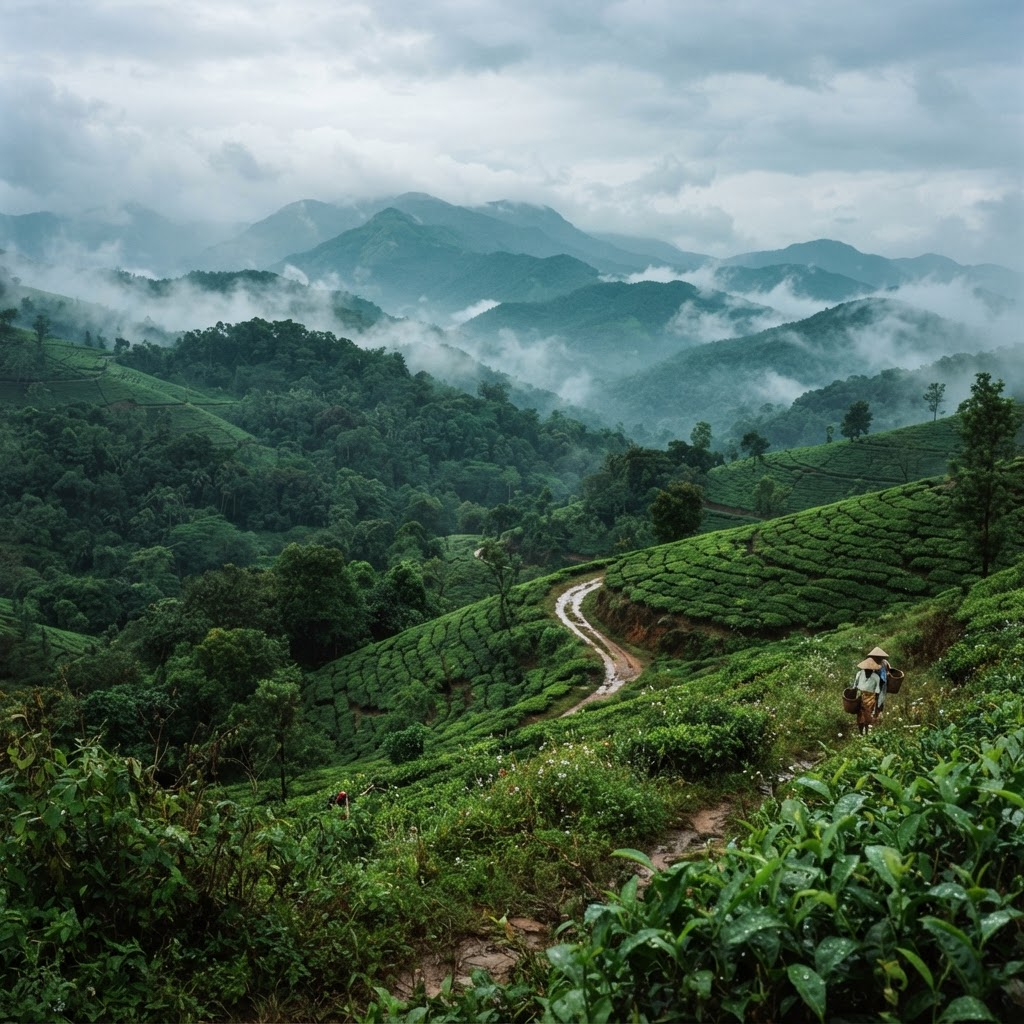 Misty green landscape in Wayanad